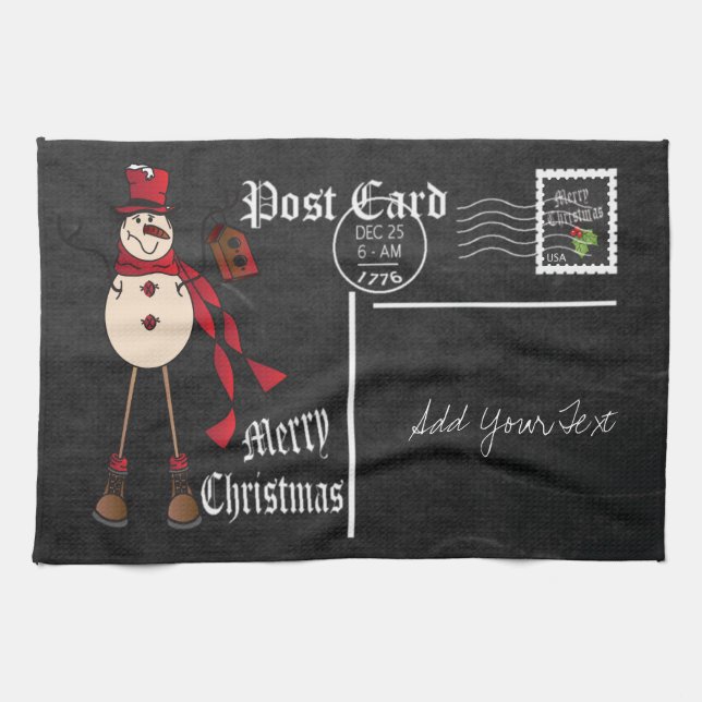 Chalkboard Style Red Snowman Postcard Design Kitchen Towel (Horizontal)