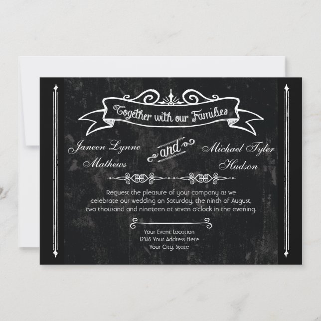 Chalkboard Style Rustic Swirl Typographic Invites (Front)
