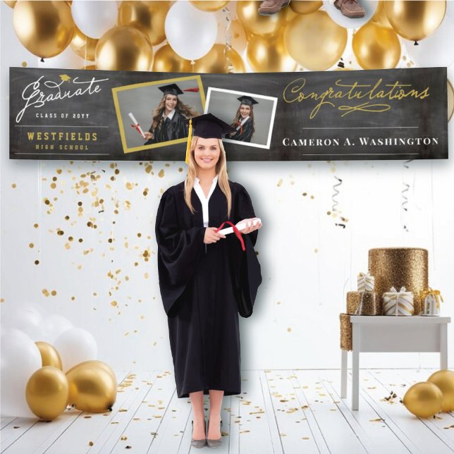 Chalkboard Stylish Script 2 Photo Graduation Party Banner (Chalkboard Graduate Script 2 Photo Modern Graduation Party Banner @ www.zazzle.com/color_therapy)