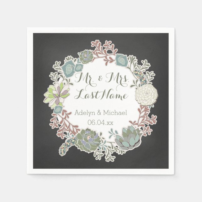 Chalkboard Succulent Wreath Wedding Paper Napkins (Front)