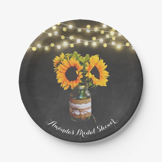 Chalkboard Sunflower Mason Jar Bridal Shower Paper Plates (Front)