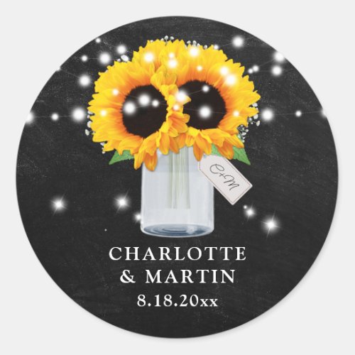 Chalkboard Sunflower Mason Jar Monogram Wedding Classic Round Sticker