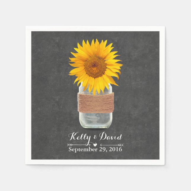 Chalkboard Sunflower & Mason Jar Rustic Wedding Paper Napkins (Front)