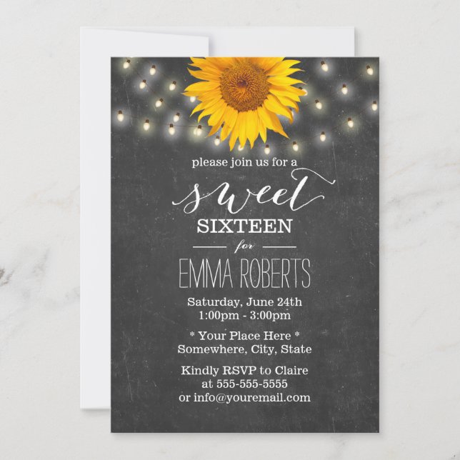 Chalkboard Sunflower & String Lights Sweet 16 Invitation (Front)
