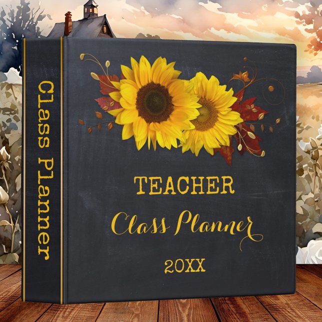 Chalkboard Sunflower Teacher Class Planner Binder (Binder featuring happy sunflowers on a chalkboard black background. Perfect for a teacher)