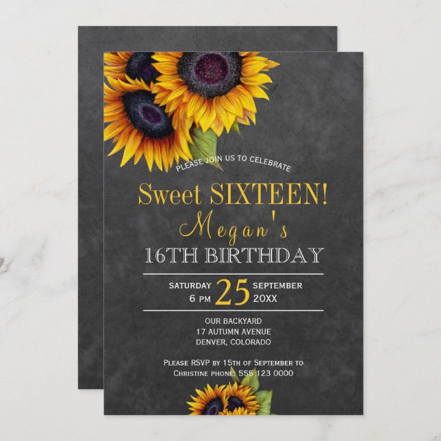 Chalkboard sunflowers chic rustic sweet sixteen invitation (Front/Back)