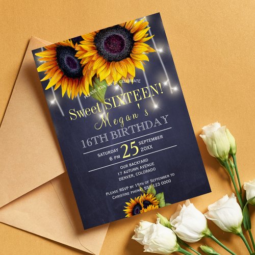 Chalkboard sunflowers chic rustic sweet sixteen invitation