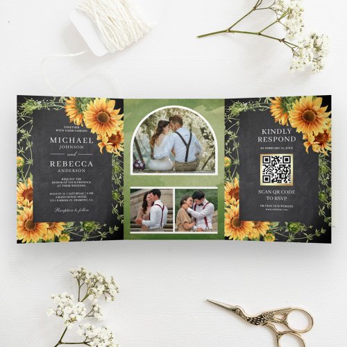 Chalkboard Sunflowers Photo Arch QR Code Wedding Tri_Fold Invitation