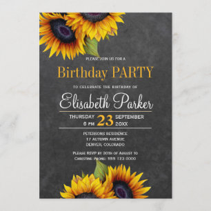 Chalkboard sunflowers rustic birthday party invitation