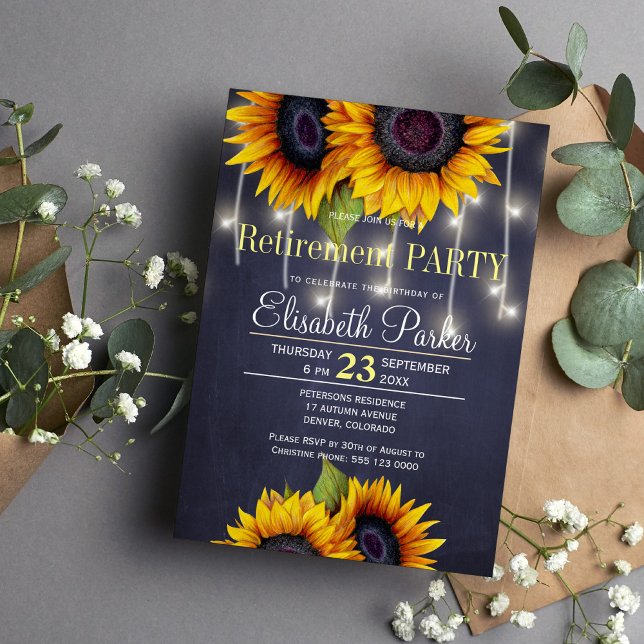 Chalkboard sunflowers rustic navy retirement party invitation (Creator Uploaded)