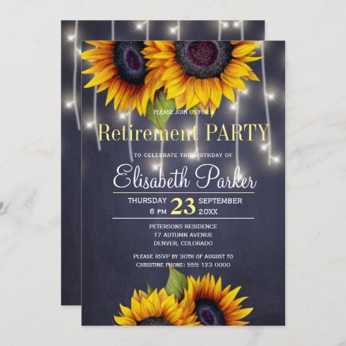 Chalkboard sunflowers rustic navy retirement party invitation