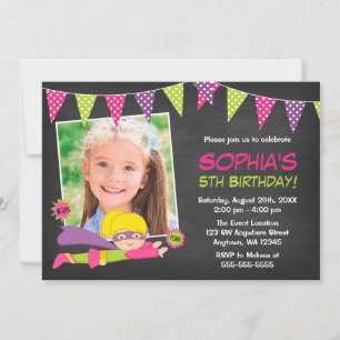 Chalkboard Superhero Girl Photo Birthday Party Invitation