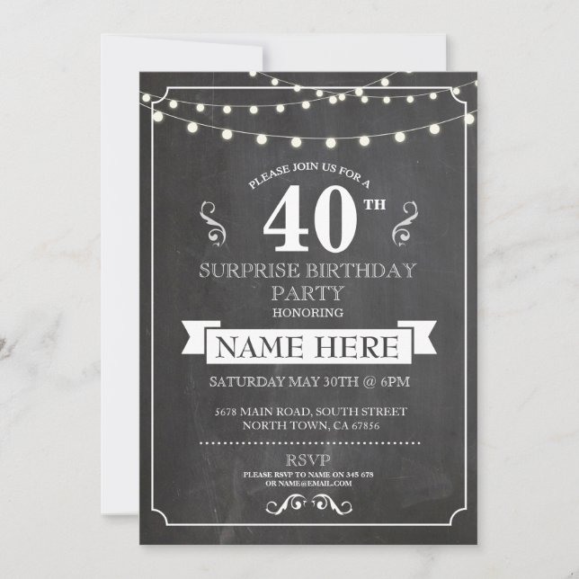 Chalkboard Surprise Birthday Party 40th Invite (Front)