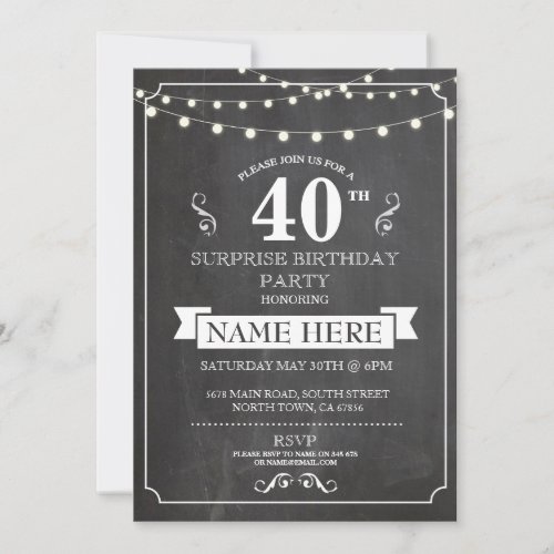 Chalkboard Surprise Birthday Party 40th Invite