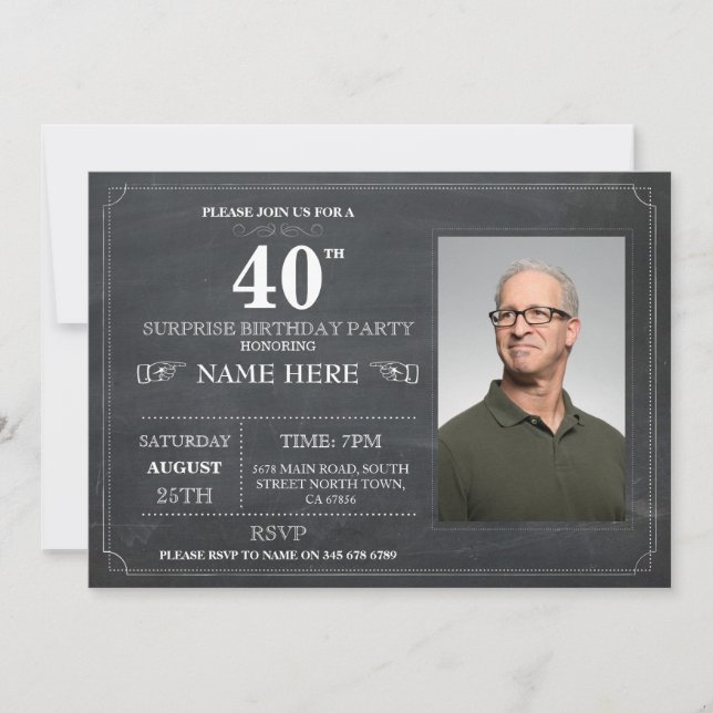Chalkboard Surprise Birthday Party 40th Invite (Front)