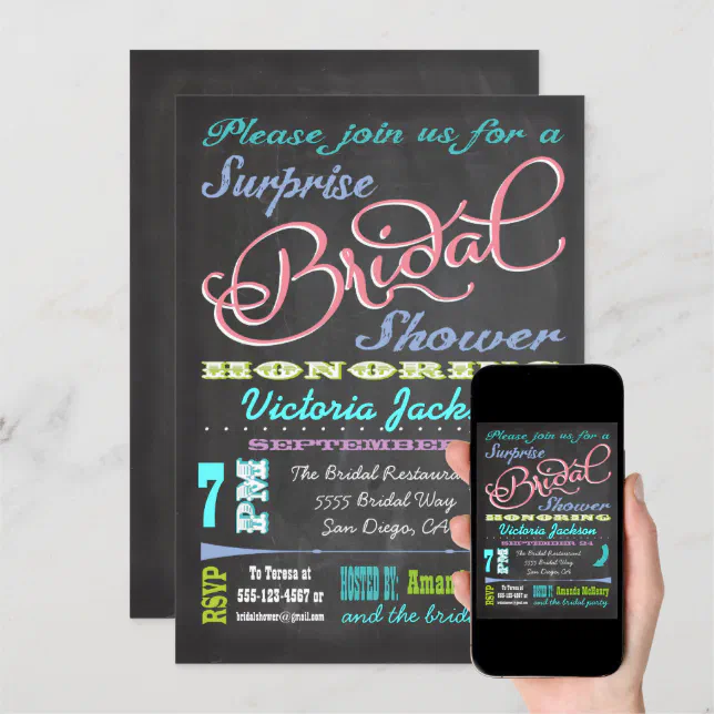 Chalkboard Surprise Bridal Shower Invitations | Zazzle