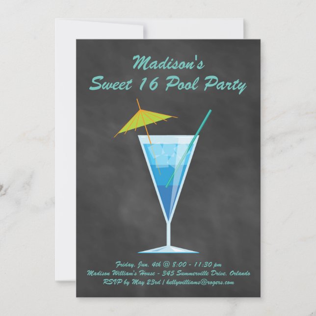 Chalkboard Sweet 16 Pool Party Invitation (Front)