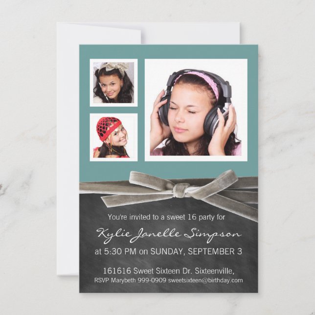 Chalkboard Sweet 16 with 3 Photos Invitation (Front)
