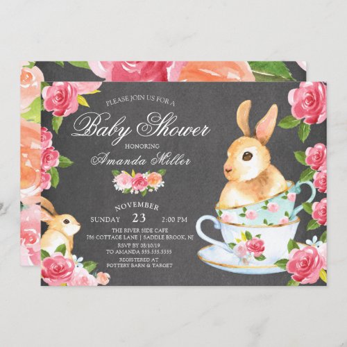 Chalkboard Sweet Bunny Baby Shower Tea Party Invitation