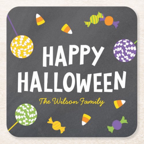 Chalkboard Sweet Candy Treats Happy Halloween Square Paper Coaster