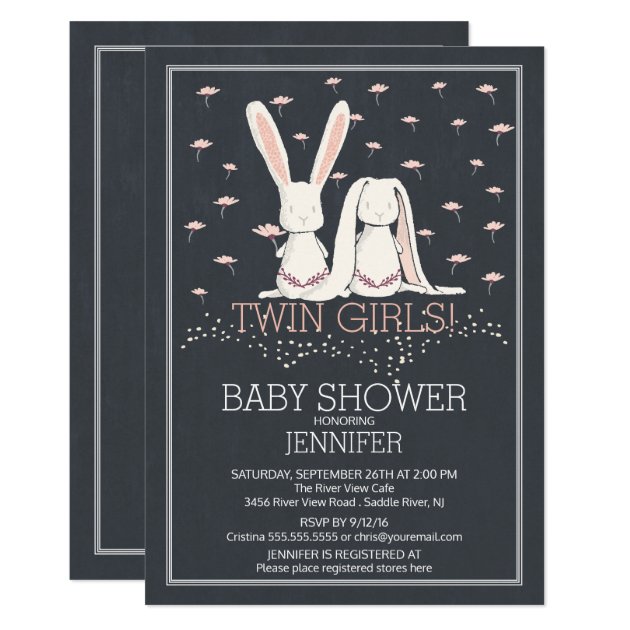 Chalkboard Sweet TWIN Girls Bunny Baby Shower Invitation