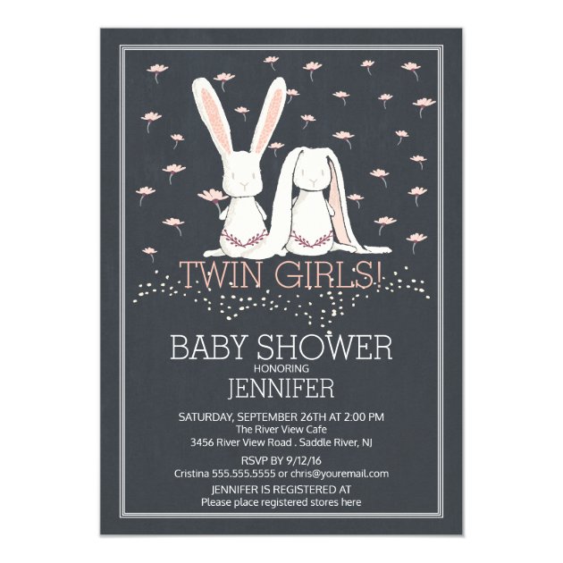 Chalkboard Sweet TWIN Girls Bunny Baby Shower Invitation