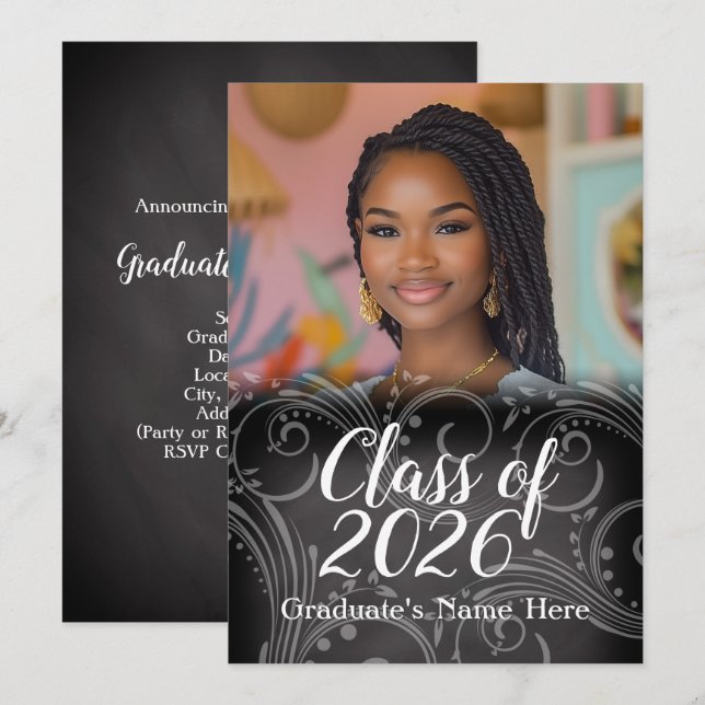 Chalkboard Swirl Class of 2026 Photo Graduation Invitation (Front/Back)