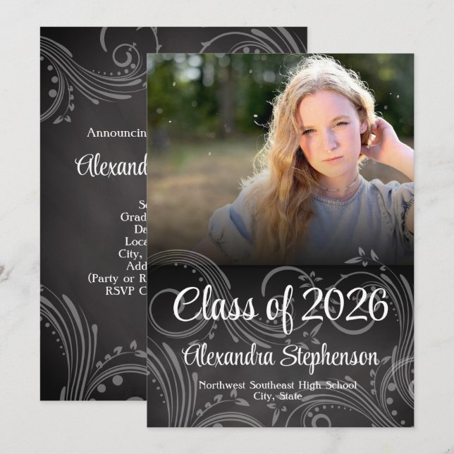 Chalkboard Swirl Class of 2026 Photo Graduation Invitation (Front/Back)