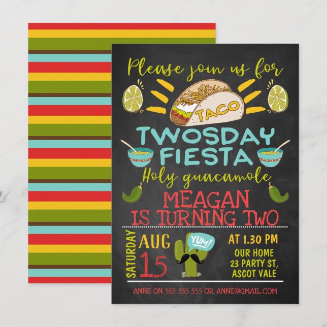 Chalkboard Taco Twosday 2nd Birthday Invitation (Front/Back)
