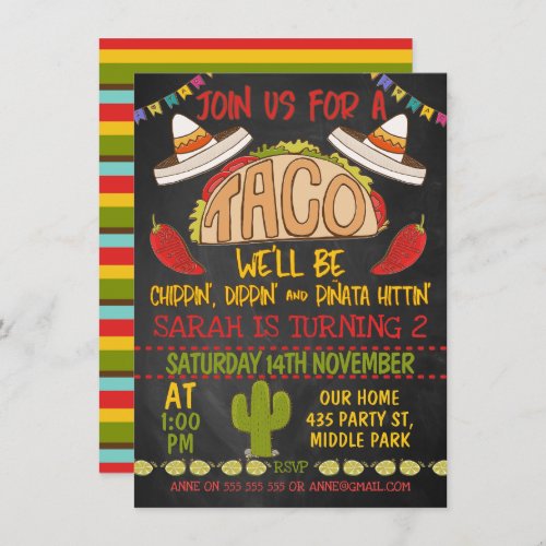 Chalkboard Taco Twosday 2nd Birthday Invitation