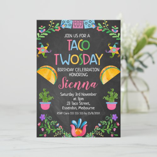 Chalkboard Taco Twosday Mexican 2nd Birthday Invitation