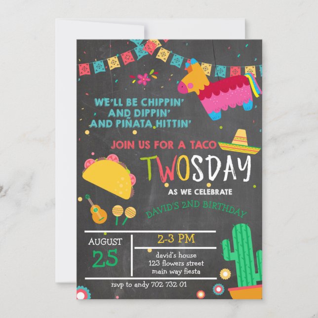 Chalkboard Taco Twosday Pinata Fiesta 2nd Birthday Invitation (Front)