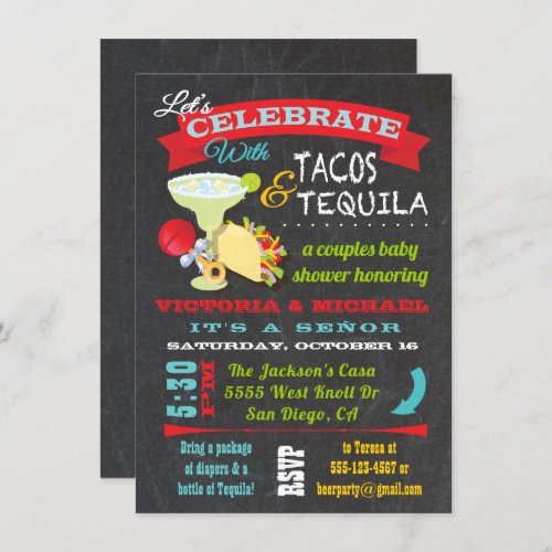 Chalkboard Tacos and Tequila Couples Baby Shower Invitation