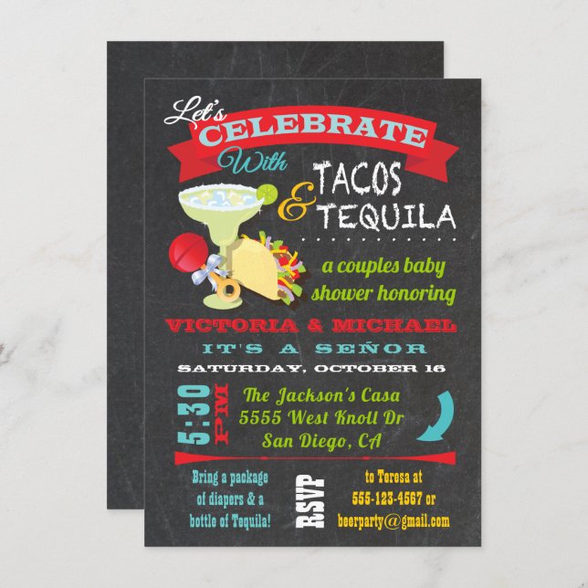 Chalkboard Tacos and Tequila Couples Baby Shower Invitation (Front/Back)
