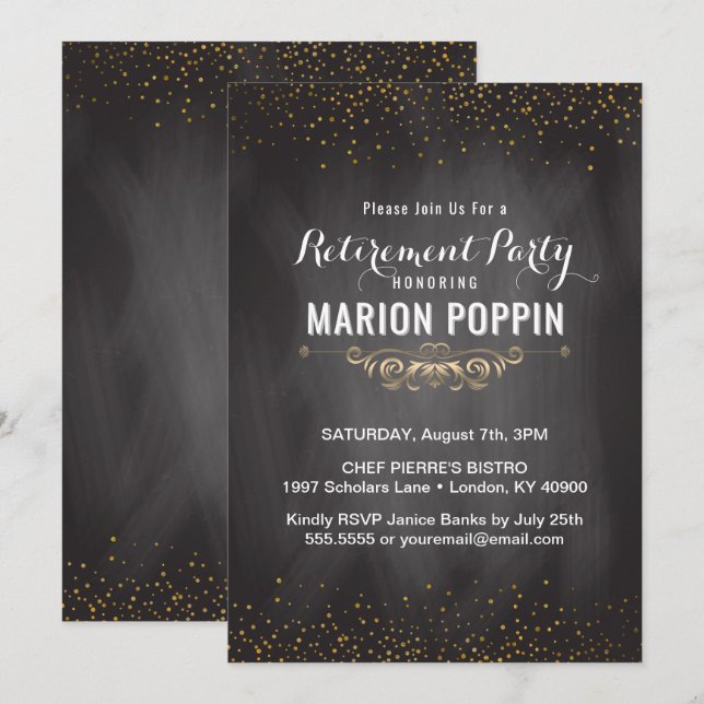 Chalkboard Teacher Retirement Party Elegant Gold Invitation (Front/Back)