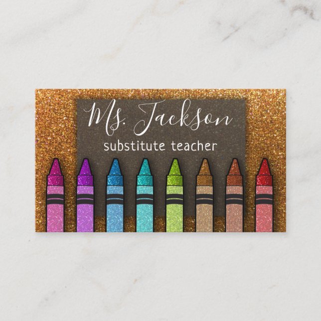 Chalkboard Teacher's Name Rainbow Glitter Crayons Business Card (Front)
