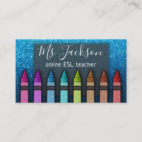 Chalkboard Teachers Name Rainbow Glitter Crayons Business Card