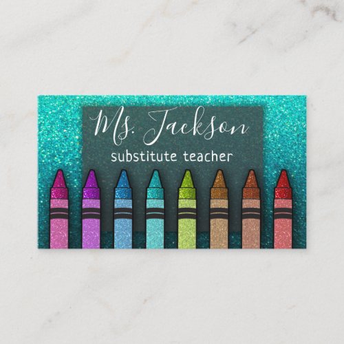 Chalkboard Teachers Name Rainbow Glitter Crayons Business Card