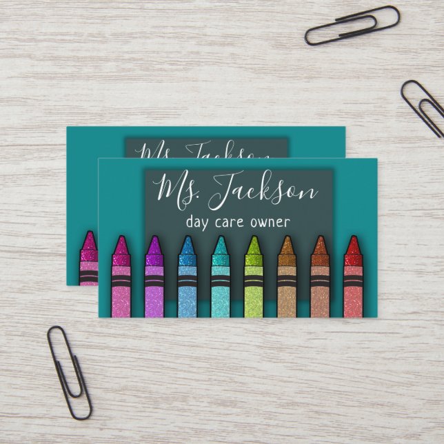 Chalkboard Teacher's Name Rainbow Glitter Crayons  Business Card (Front/Back In Situ)