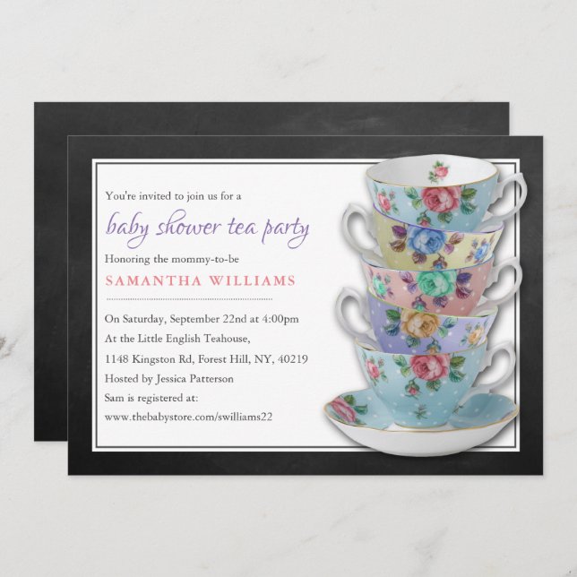 Chalkboard Teacups Baby Shower Tea Party Invitation (Front/Back)