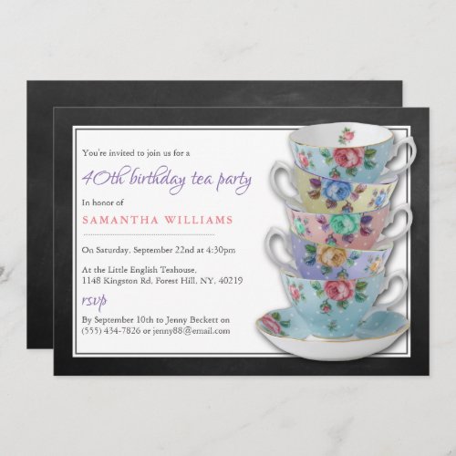 Chalkboard Teacups Birthday Tea Party Invitation