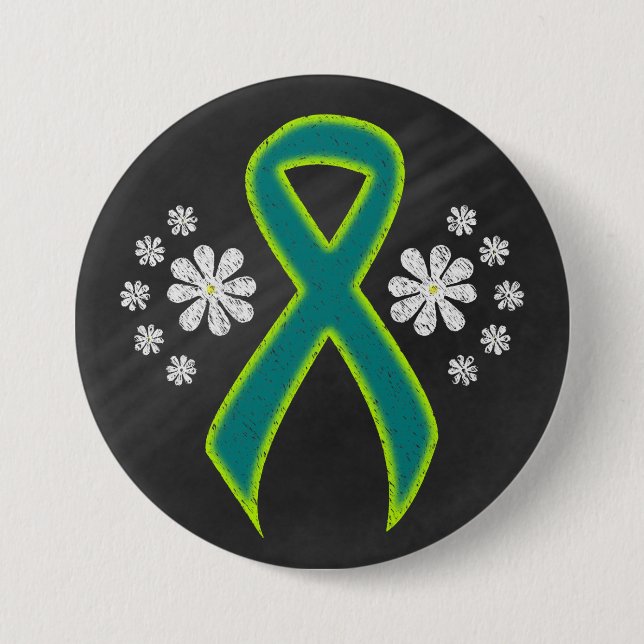 Chalkboard Teal and Lime Green Ribbon Button (Front)