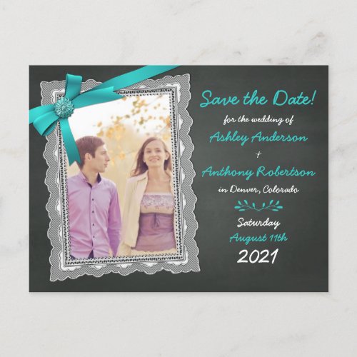 Chalkboard Teal Bow Photo Wedding Save the Date Announcement Postcard