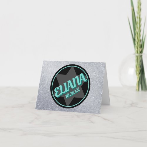 Chalkboard Teal Sparkly Name Logo Bat Mitzvah Note Card