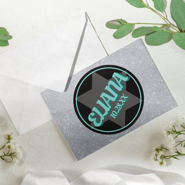 Chalkboard Teal Sparkly Name Logo Bat Mitzvah Note Card (Creator Uploaded)