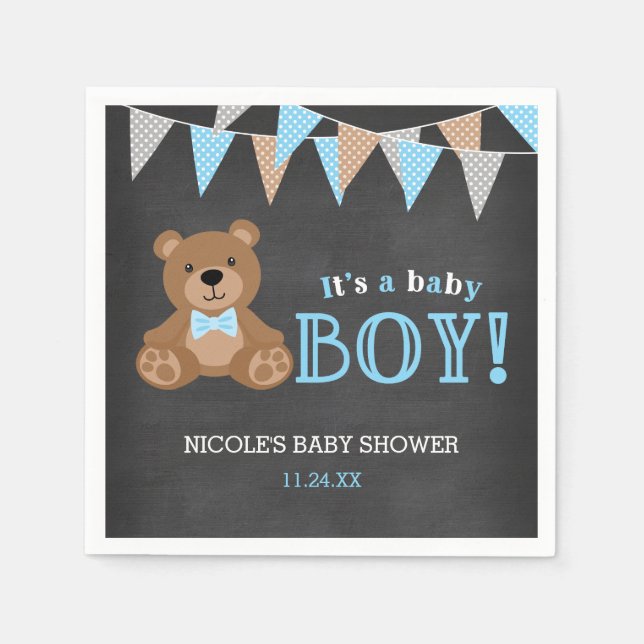 Chalkboard Teddy Bear Boy Baby Shower Napkins (Front)