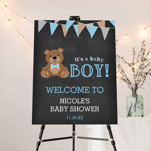 Chalkboard Teddy Bear Boy Baby Shower Welcome Sign (In Situ (Stand))