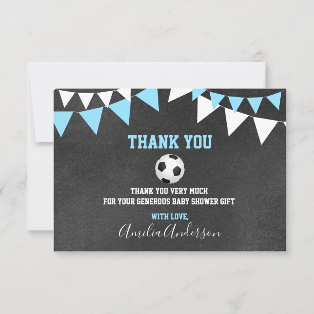 Chalkboard THANK YOU Blue SOCCER BOY baby shower Card (Front)