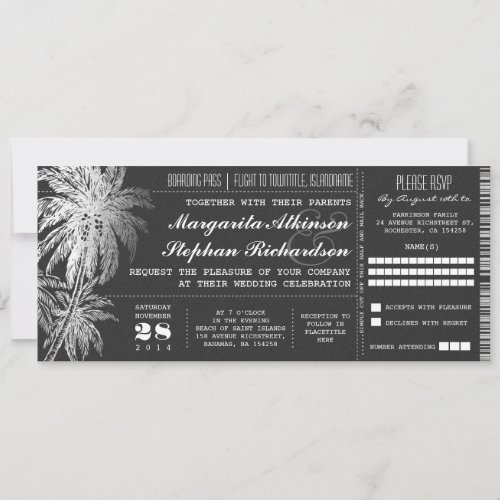 Chalkboard ticket destination wedding invitations