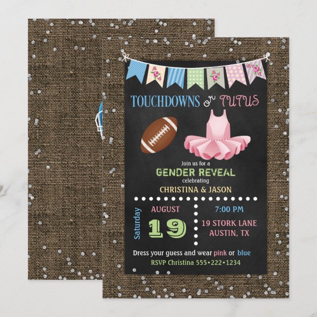 Chalkboard Touchdowns or Tutus Gender Reveal Invitation (Front/Back)